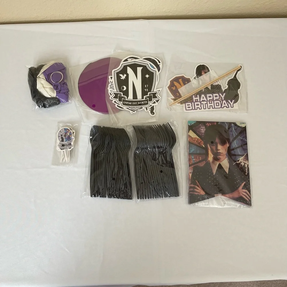 Wednesday Addams Birthday Party Supplies includes banner, balloons, plat…